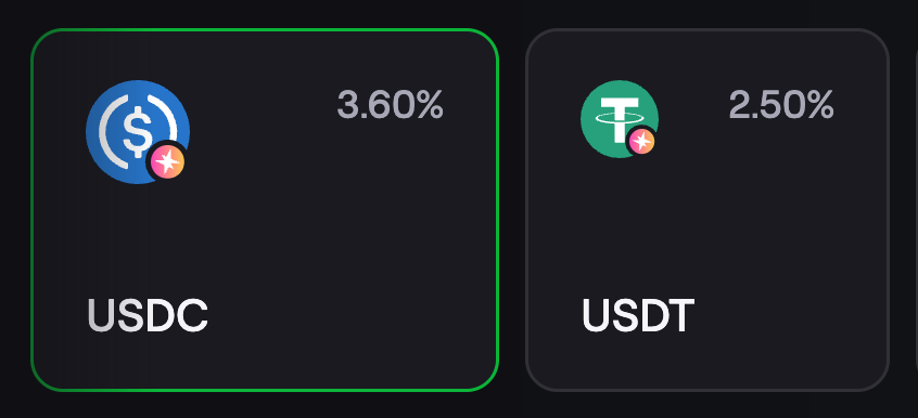 USDC and USDT savings rate cards showing live APY